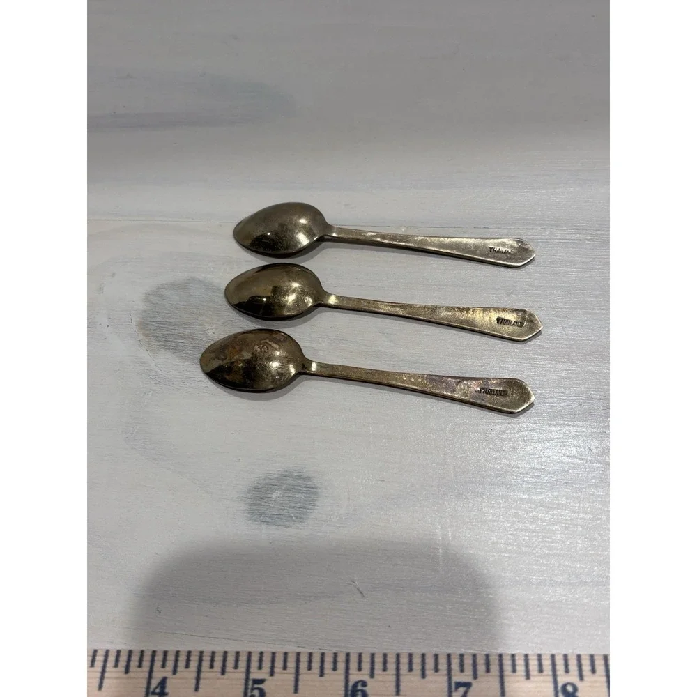 VTG Siam Thailand Demitasse Spoons Set 3 Brass Buddha Green Enamel Nickel Bronze